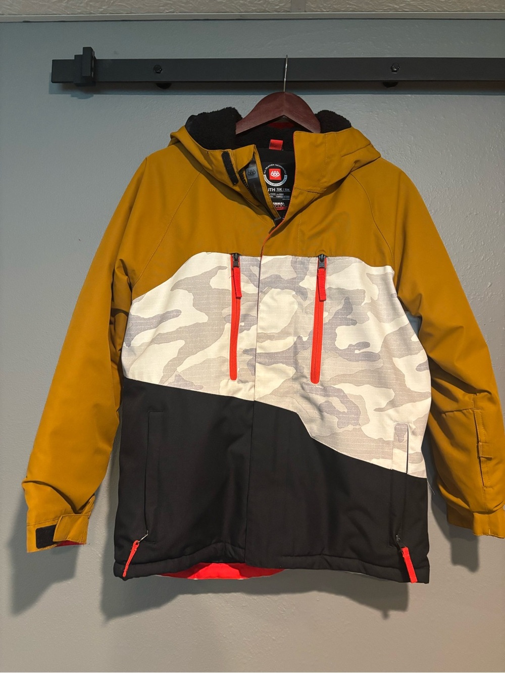 686 Kid’s Mustard Colorblock Ski Jacket with White Camo and Black Panels